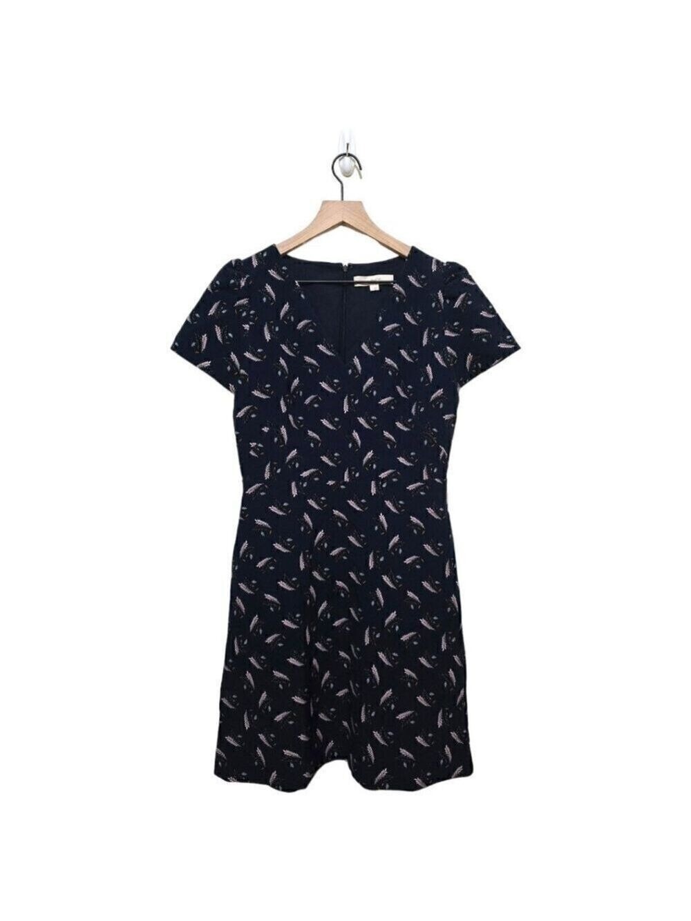 Loft Navy Feather V-Neck Short Sleeve Fit & Flare Mini Dress With Pockets Sz 2